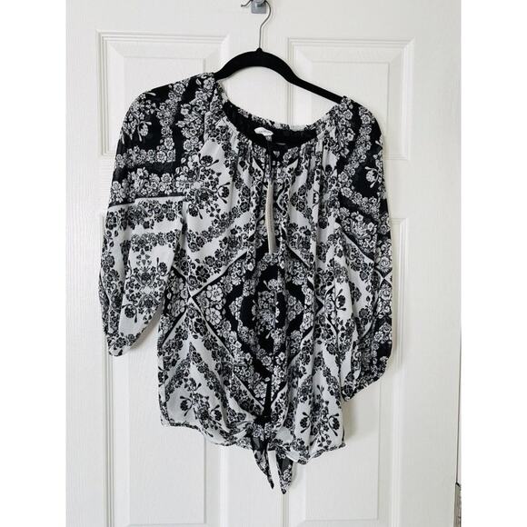 NWT Calvin Klein Scarf Print Chiffon Scoop Neck Bubble Sleeve Tie Front Blouse - Picture 2 of 5